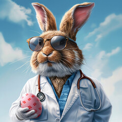 Osterhase in Doktorkittel mit einer lustigen Sonnenbrille und einem Osterei zum kurieren von Krankheiten vor einem wolkigen Himmel