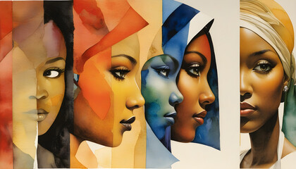 Obraz premium Illustration in pencil, oil paint, photography and watercolor, showing different ethnicities of women around the world 