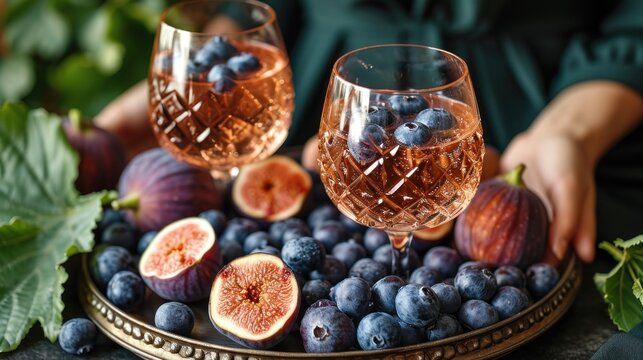  a close up of a plate of fruit with a person holding a glass of wine and a plate with figs and blueberries on a table with green leaves.