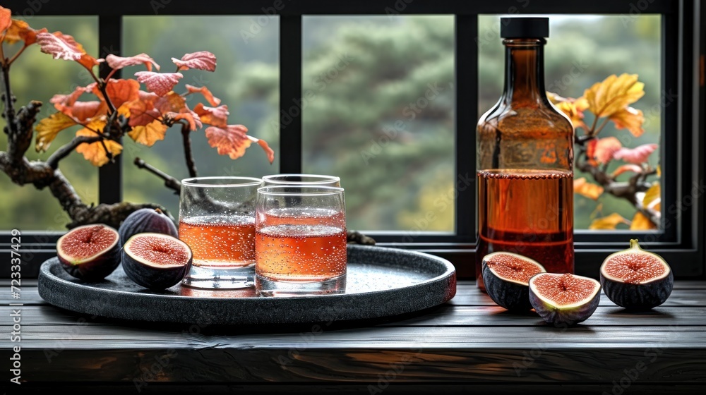 Poster a bottle of wine and two glasses of wine on a tray with figs and a fig tree in front of a window wit