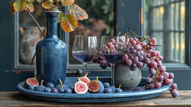  a plate of grapes, figs, and a bottle of wine sit on a table in front of a window with a vase of grapes and figs on it.