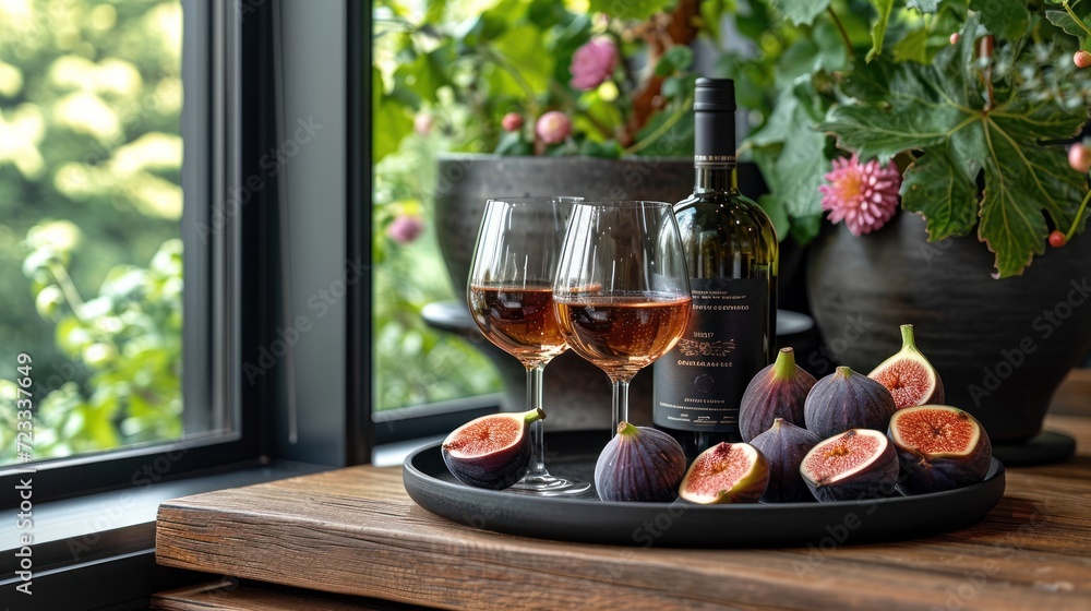 Poster a bottle of wine and two glasses of wine on a tray with figs on a window sill in front of a window s