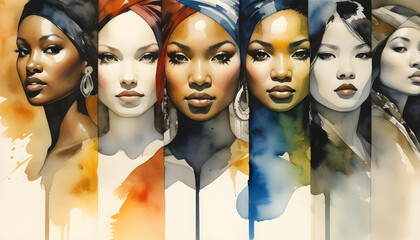 Illustration in pencil, oil paint, photography and watercolor, showing different ethnicities of women around the world
 - Powered by Adobe