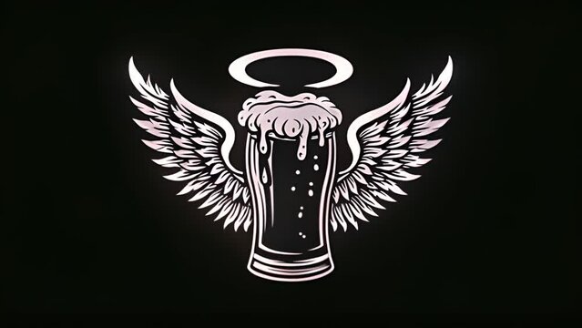 flying beer with angel wings and halo animation. Heaven beer retro design. Beer Flying Wings beverage drink. Delicious pils in glass vintage style. Alcohol from heaven moving mp4