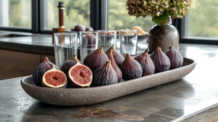  a tray with a bunch of figs and glasses on a table next to a vase with a flower and a vase with a few figs sitting on it.