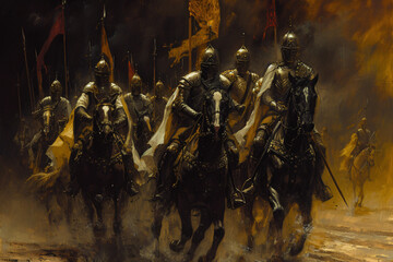 Ritter im Galopp auf einen im vintage gemalten stils eines &Ouml;lbilds