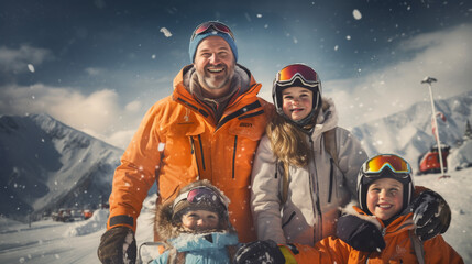 Single father taking his kids skiing and snowboarding on a ski resort on a snowy mountain during winter, kids having fun.