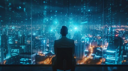A visionary businessman strategizes amidst holographic charts and AI-driven analytics