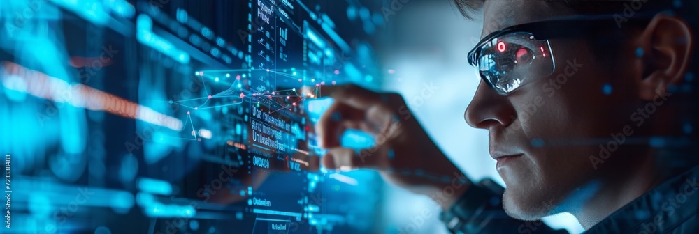 Poster a businessman collaborates with ai algorithms, fostering innovation in a high-tech environment to st