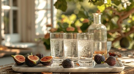  a wooden table topped with three glasses filled with water and figs next to a bottle of water and a couple of figs sitting on top of the table.