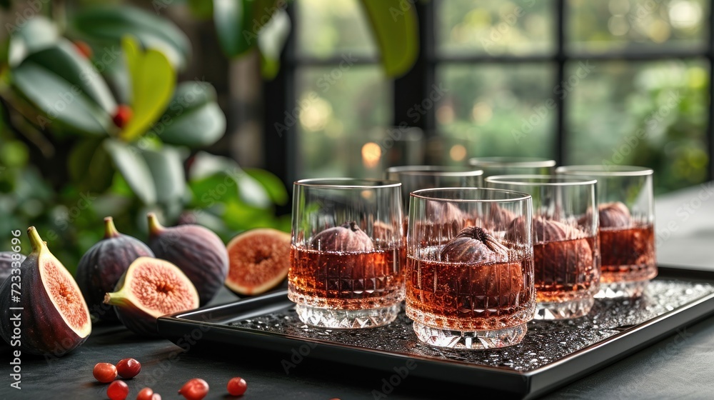 Poster a tray topped with glasses filled with wine next to figs and figs on top of a table next to a window