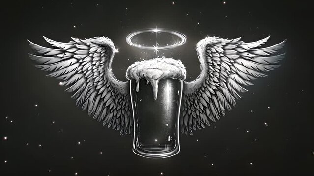 flying beer with angel wings and halo animation. Heaven beer retro design. Beer Flying Wings beverage drink. Delicious pils in glass vintage style. Alcohol from heaven moving mp4