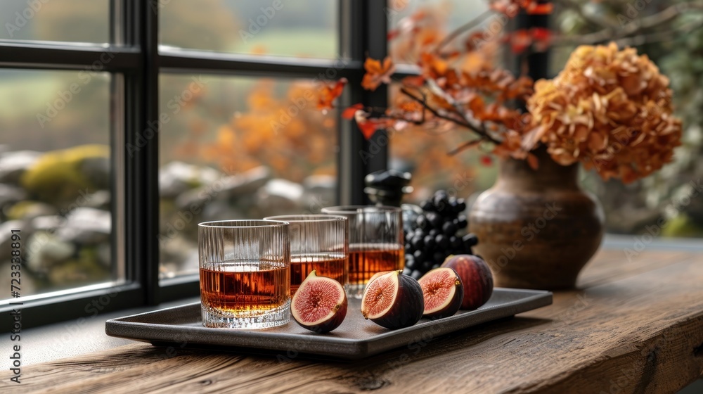 Poster  a tray of fruit and two glasses of wine on a window sill next to a vase of flowers and a window sill with a window in the background.