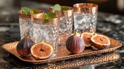  a tray topped with glasses and figs next to a cup filled with water and a mint sprig on top of a counter top of a marble table.