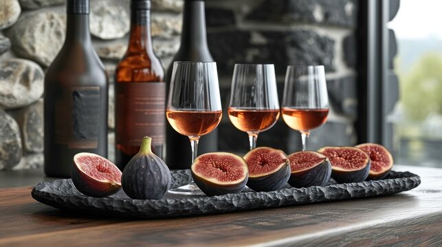  a wooden table topped with glasses of wine and a tray filled with sliced figs and a bottle of wine on top of a stone wall next to a stone wall.