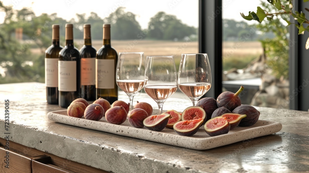 Poster a table topped with bottles of wine and a tray filled with sliced figs and a couple of glasses of wi