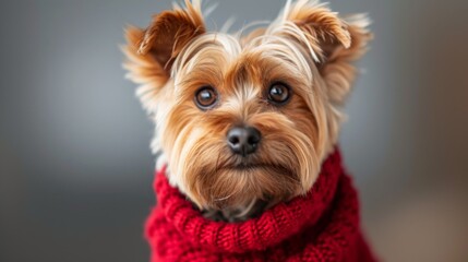 Fluffy little Yorkshire terrier dog in a red knitted sweater looks at the camera