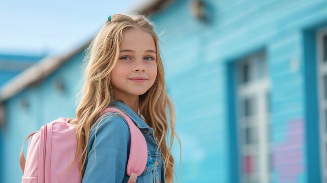 Fashionable girl 12 years old with long blond hair goes to school with a pink backpack large copyspace area
