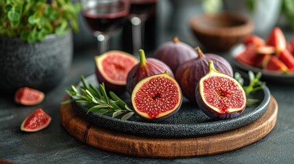  a plate of figs on a table next to a glass of wine and a plate of figs on a table with other figs and a glass of wine in the background.
