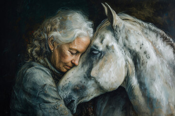 &Auml;ltere Frau mit wei&szlig;em Haar und ihrem Schimmel in liebevollem Beisammensein