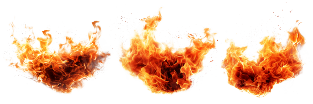 Set of different flames isolated on transparent background. The flame spreads through the air. Cozy fire in the forest with family. Design element for insert.