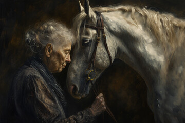 Ältere Frau mit weißem Haar und ihrem Schimmel in liebevollem Beisammensein - obrazy, fototapety, plakaty