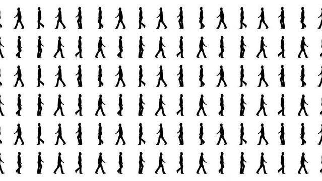 Black and white background of walking silhouettes of people. Seamless looping animation.