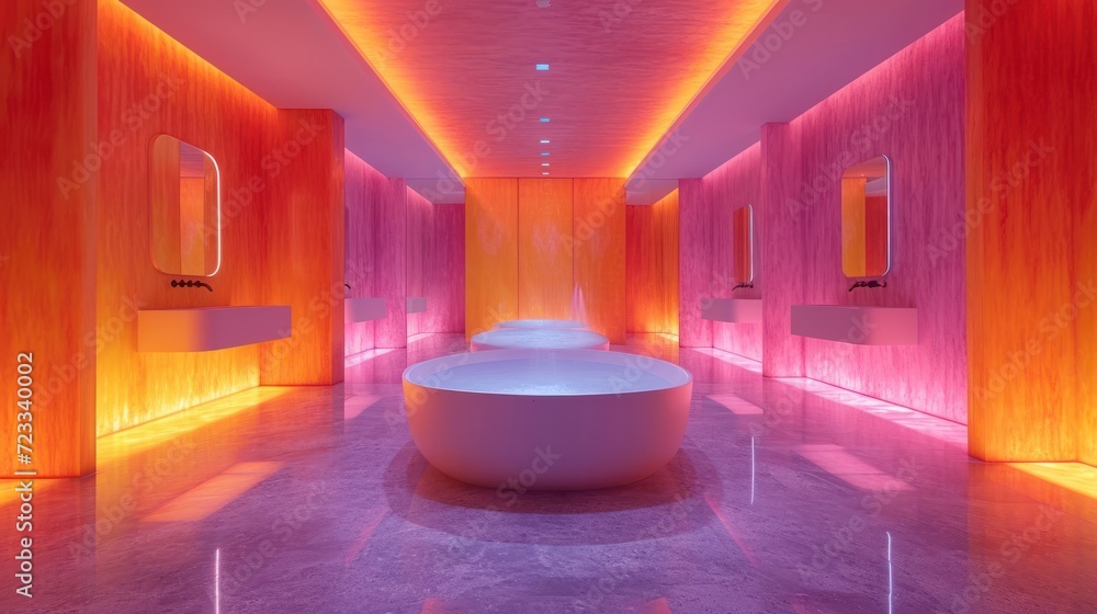 Poster a bath room with a large round tub in the middle of the room and a row of sinks on either side of th