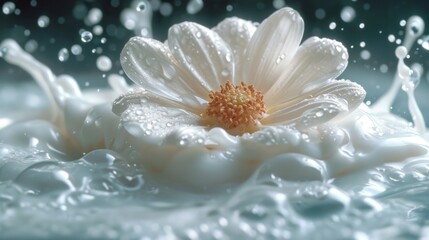  a close up of a white flower with drops of water on the petals and on top of the petals are drops of water on the petals and on the petals.
