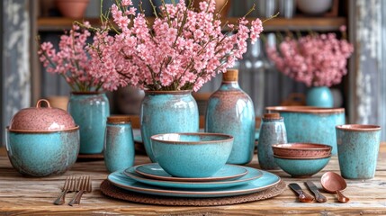  a wooden table topped with blue dishes and vases filled with pink flowers next to a wooden table with plates and utensils and utensils on it.