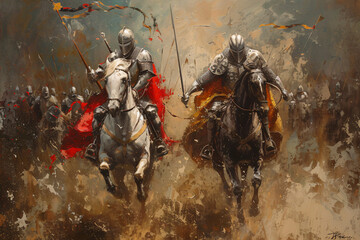 Ritter im Galopp auf einen im vintage gemalten stils eines &Ouml;lbilds