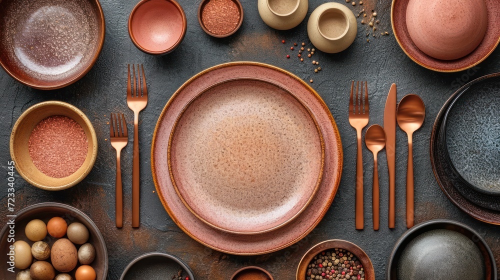 Poster a table topped with plates and bowls filled with different types of utensils and bowls filled with d