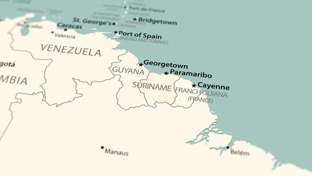 Suriname on the world map. Smooth map rotation. 4K animation.