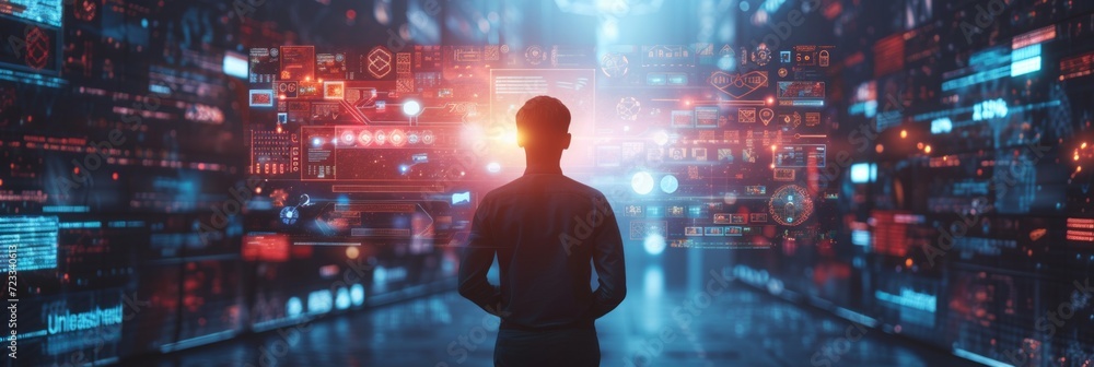 Poster a businessman collaborates with ai algorithms, fostering innovation in a high-tech environment to st