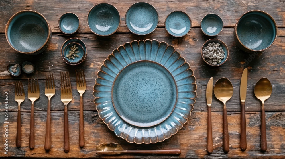 Poster a wooden table topped with a blue plate covered in utensils and a bowl with spoons and spoons next t