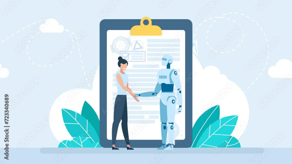 Poster handshake between woman and robot on background of document. woman shaking hands with robot. cyber h