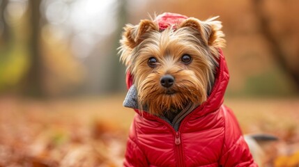 Cute Yorkshire terrier in a red hooded jacket walks in the park