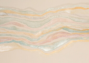 Beige, gold, silver nacre acrylic and watercolor wave line stain blot on paper texture background.