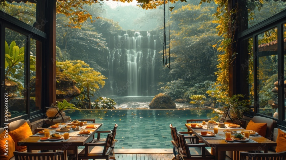 Poster a restaurant with a waterfall in the background and a pool in the middle of the room to the right of