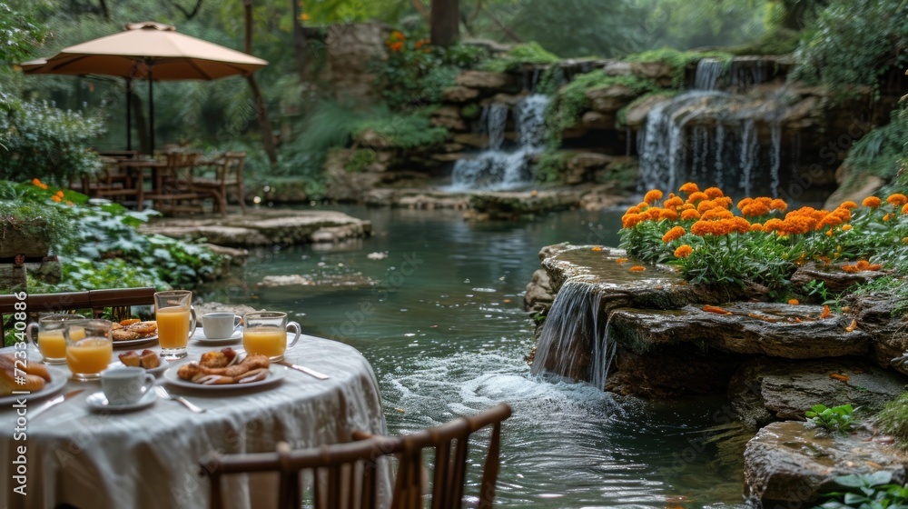Aufkleber a couple of plates of food sitting on top of a table in front of a waterfall next to a table with a 