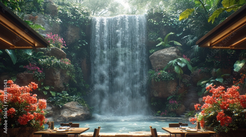 Poster a waterfall in the middle of a jungle with tables and chairs in front of it and a waterfall in the m
