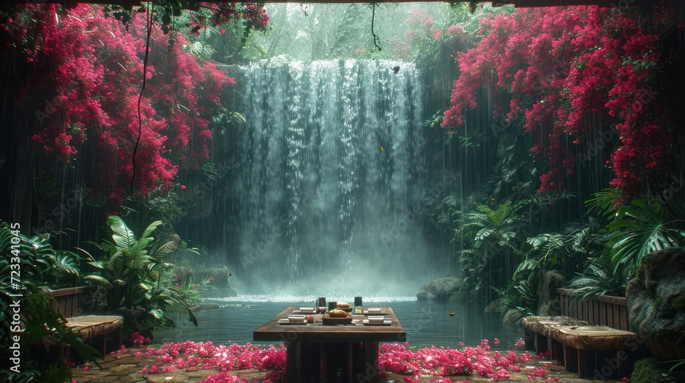 Poster a dining table in front of a waterfall with pink flowers in the foreground and a bench in the foregr