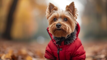 Cute Yorkshire terrier in a red hooded jacket walks in the park