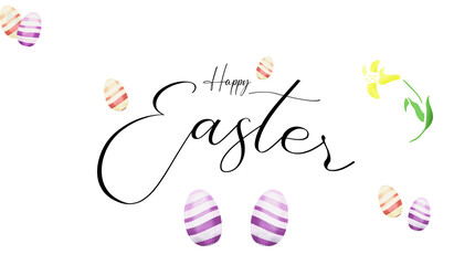 Illustrated Happy Easter sign decorated with colorful Easter eggs isolated over a pure white background.