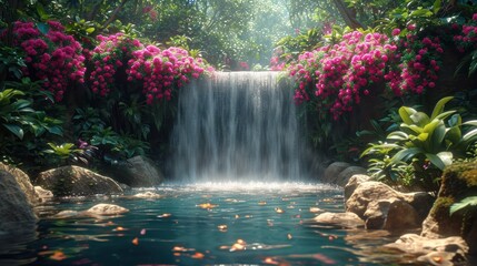  a painting of a waterfall in the middle of a pond with koi fish swimming in the water and pink flowers on the side of the falls in the water. - Powered by Adobe