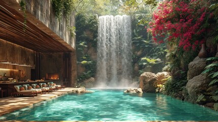  a pool with a waterfall in the background and lounge chairs in the foreground, and a waterfall in the middle of the pool with a waterfall in the background.