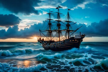 A Surreal Vision Encased in Glass, Witnessing the Turbulent Swells of a Violent Ocean Storm, Beneath a Dramatic Thunderous Sky at Dusk; At the Center, a Closeup of a Large Tall Pirate Ship with Billow