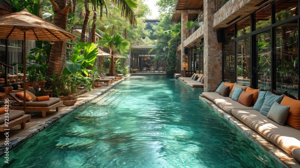 Aufkleber a long pool with lounge chairs and umbrellas next to a building with a swimming pool in the middle o