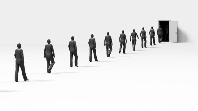 Group of silhouettes of people on a white background enters an open dark door. Seamless looping animation.