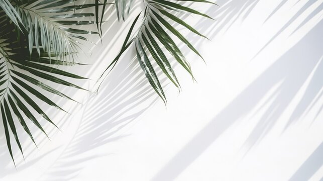 Soft shadows of tropical palm leaves on a white background. The concept of summer, an abstract minimalistic photo for advertising. tropical background for product advertising